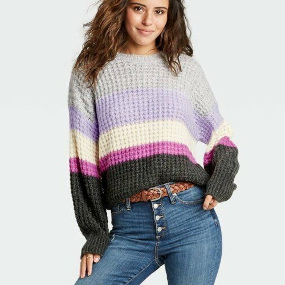 Universal Thread Striped Chunky Knit Sweater XXL Purple Gray Balloon Sleeves